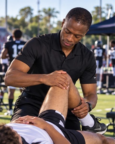 Dr. McPherson treating an athlete on the sideline at a sporting event